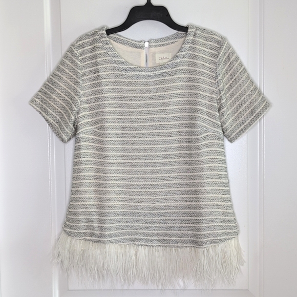 Anthropologie Deletta Feather Trim Boucle Knit Sweater Short Sleeve Lined LP - Picture 2 of 15